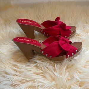 Kensie Girl Sandal Red Canvas Bow Open Toe 3" High Heel Wood Base Mules 8.5 M